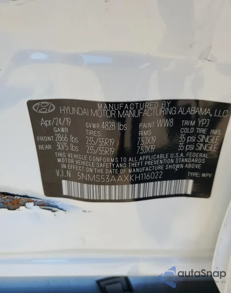 2019 Hyundai Santa Fe Limited z USA, uszkodzony, nr VIN 5NMS53AAXKH116022